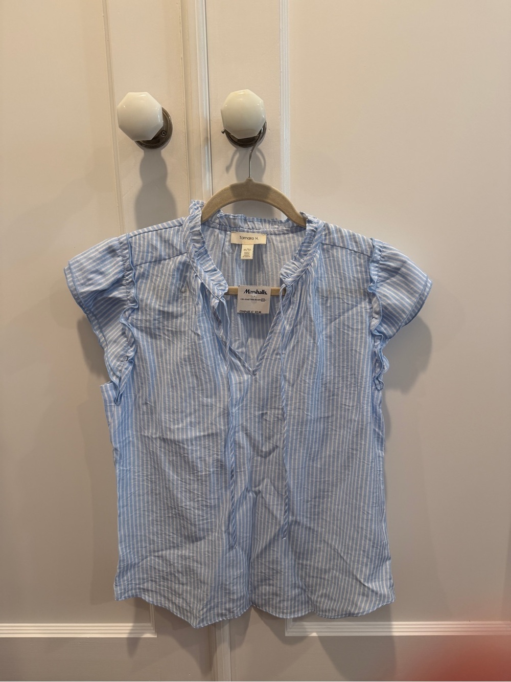 Tamara H. Blue & White Striped Ruffle Sleeve Top NWT XS